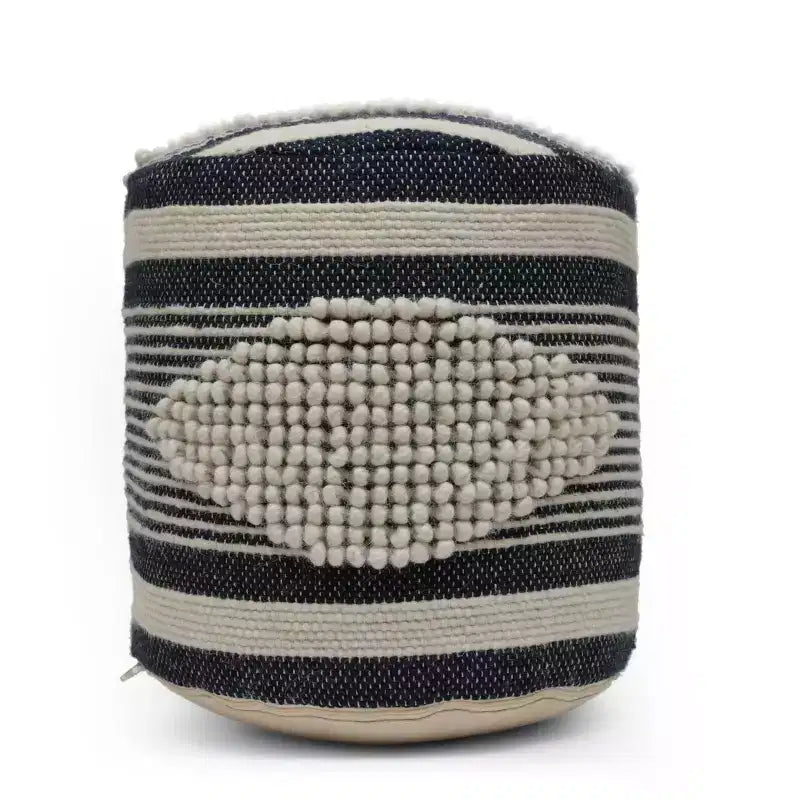 Pouf cylindrique bohème blanc, tissu artisanal, 1 place (bleu denim / bleu marine / sarcelle)
