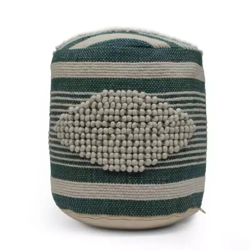 Pouf cylindrique bohème blanc, tissu artisanal, 1 place (bleu denim / bleu marine / sarcelle)