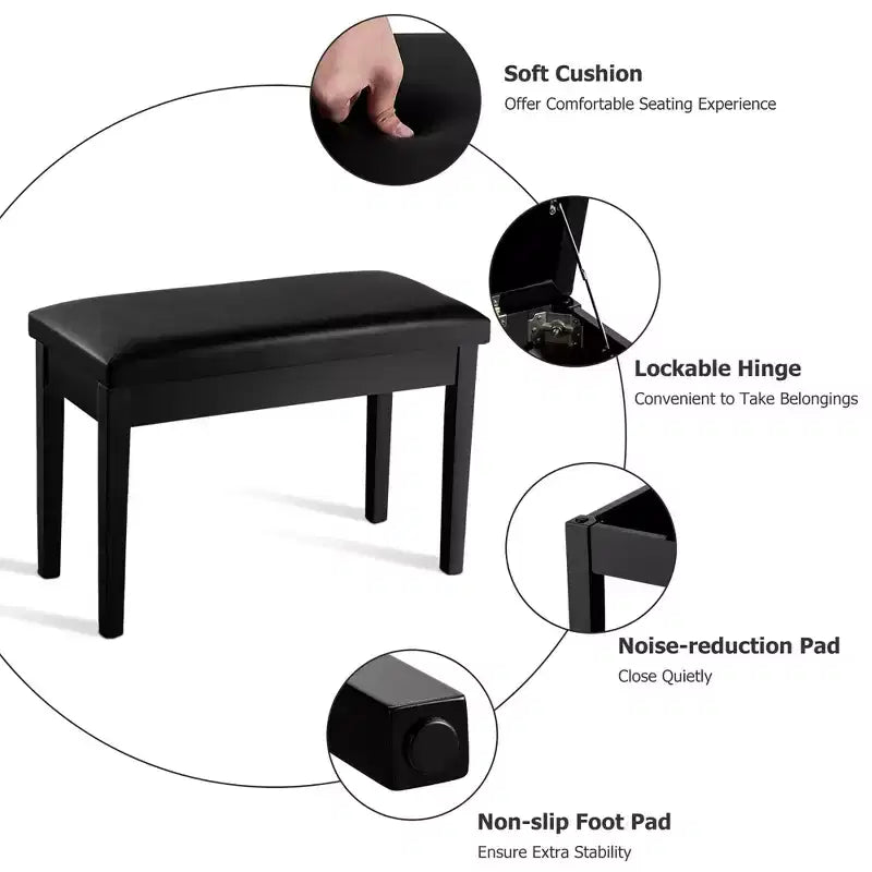 Banc de piano en cuir PU noir avec rangement – 2 places
