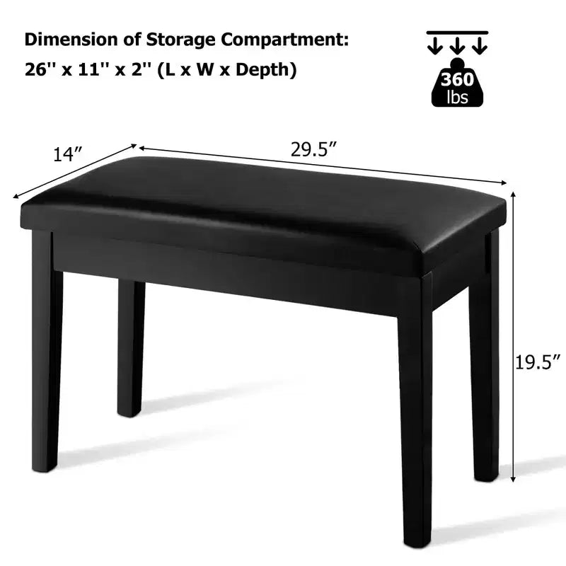 Banc de piano en cuir PU noir avec rangement – 2 places