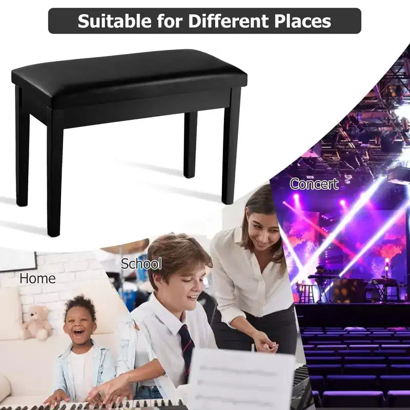Banc de piano en cuir PU noir avec rangement – 2 places