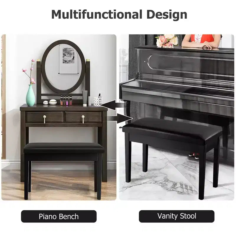 Banc de piano en cuir PU noir avec rangement – 2 places