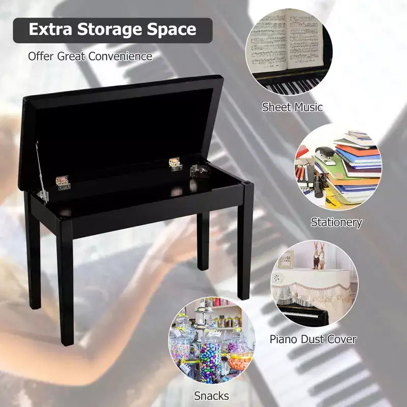 Banc de piano en cuir PU noir avec rangement – 2 places
