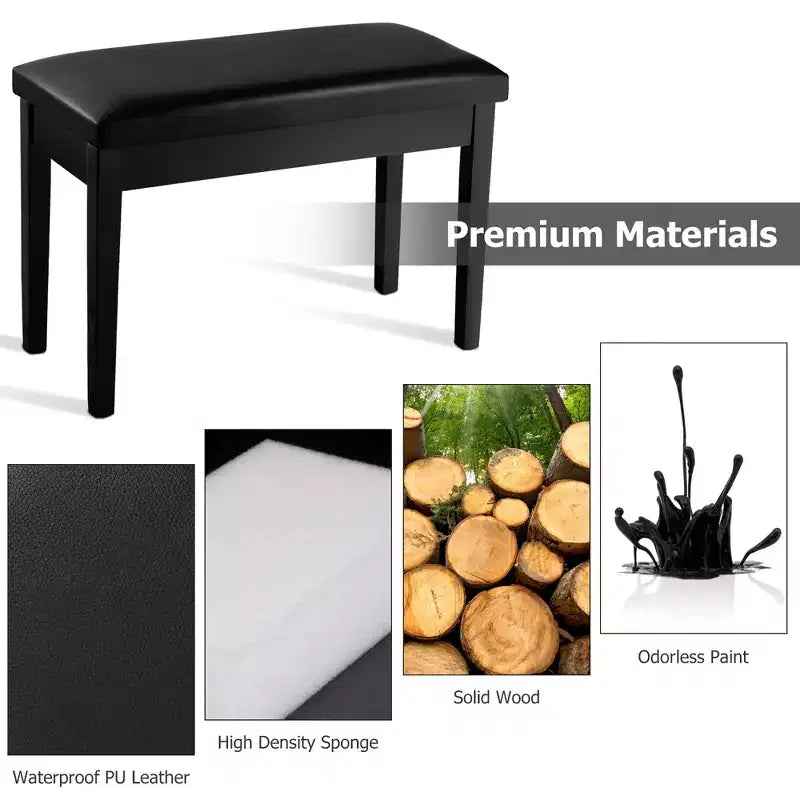 Banc de piano en cuir PU noir avec rangement – 2 places