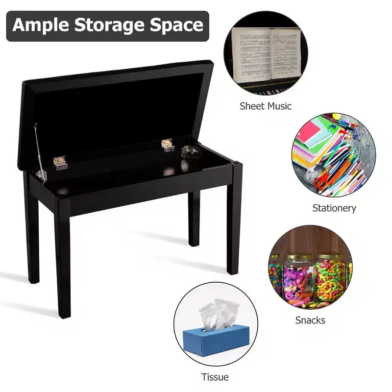Banc de piano en cuir PU noir avec rangement – 2 places