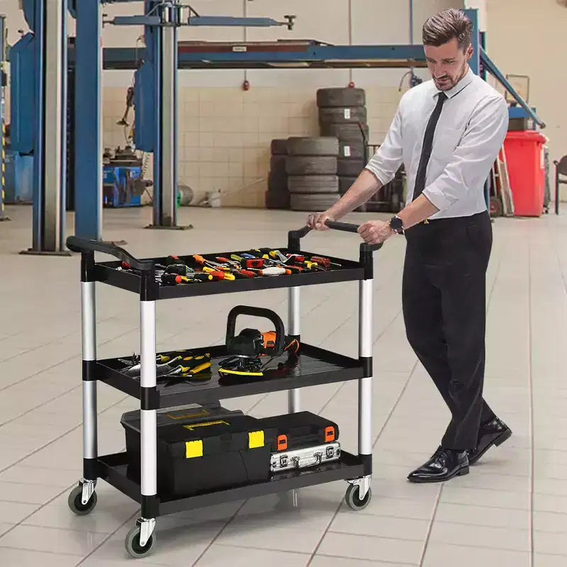 Chariot de service roulant à 3 niveaux noir et argent