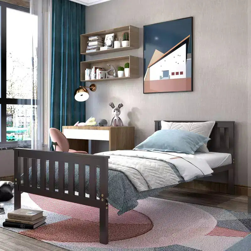 Cadre de lit plateforme en bois double expresso avec tête de lit — 1 personne