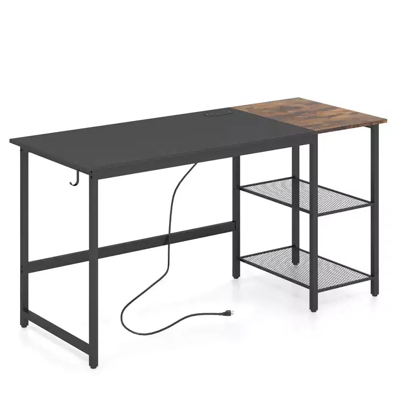 Bureau informatique de 150 cm noir/rustique avec étagère détachable pour 1 personne