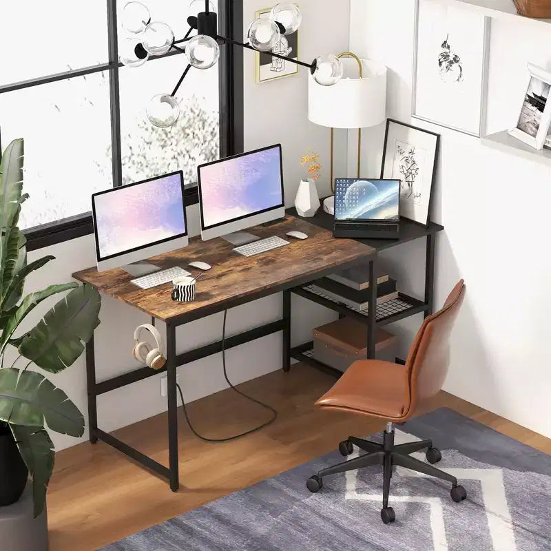 Bureau informatique de 150 cm noir/rustique avec étagère détachable pour 1 personne