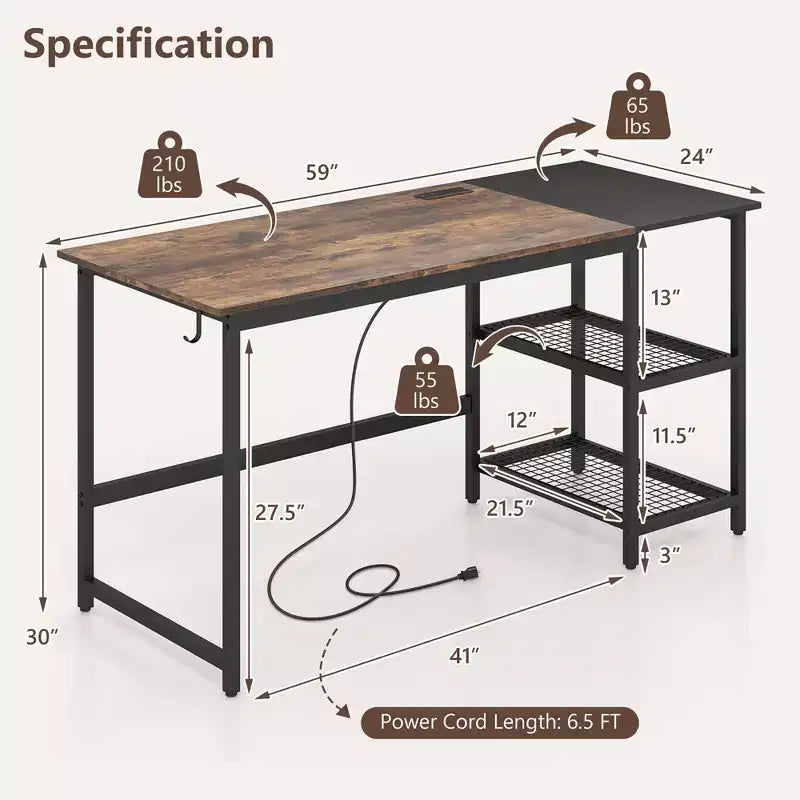 Bureau informatique de 150 cm noir/rustique avec étagère détachable pour 1 personne