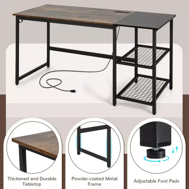 Bureau informatique de 150 cm noir/rustique avec étagère détachable pour 1 personne