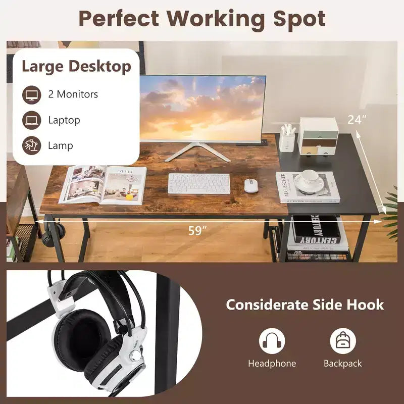 Bureau informatique de 150 cm noir/rustique avec étagère détachable pour 1 personne