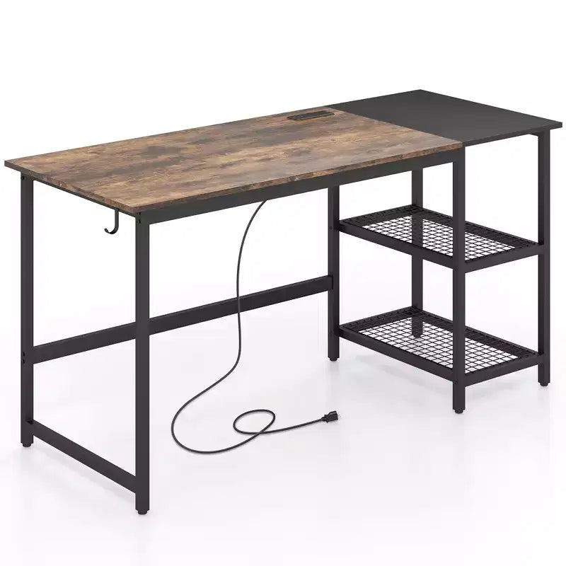 Bureau informatique de 150 cm noir/rustique avec étagère détachable pour 1 personne
