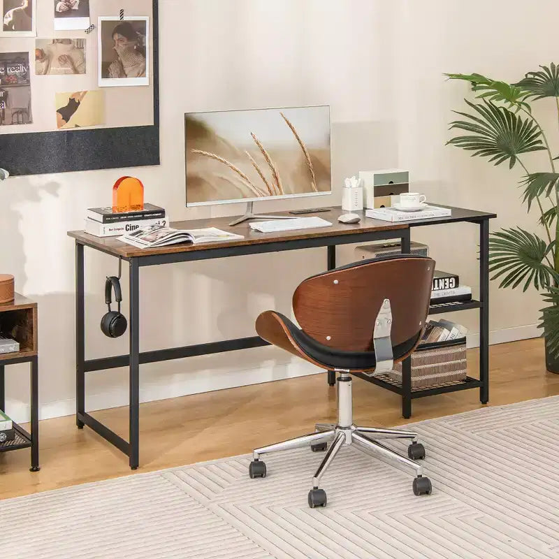 Bureau informatique de 150 cm noir/rustique avec étagère détachable pour 1 personne