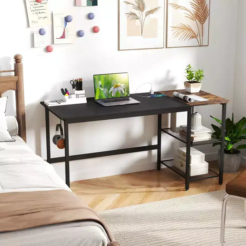 Bureau informatique de 150 cm noir/rustique avec étagère détachable pour 1 personne