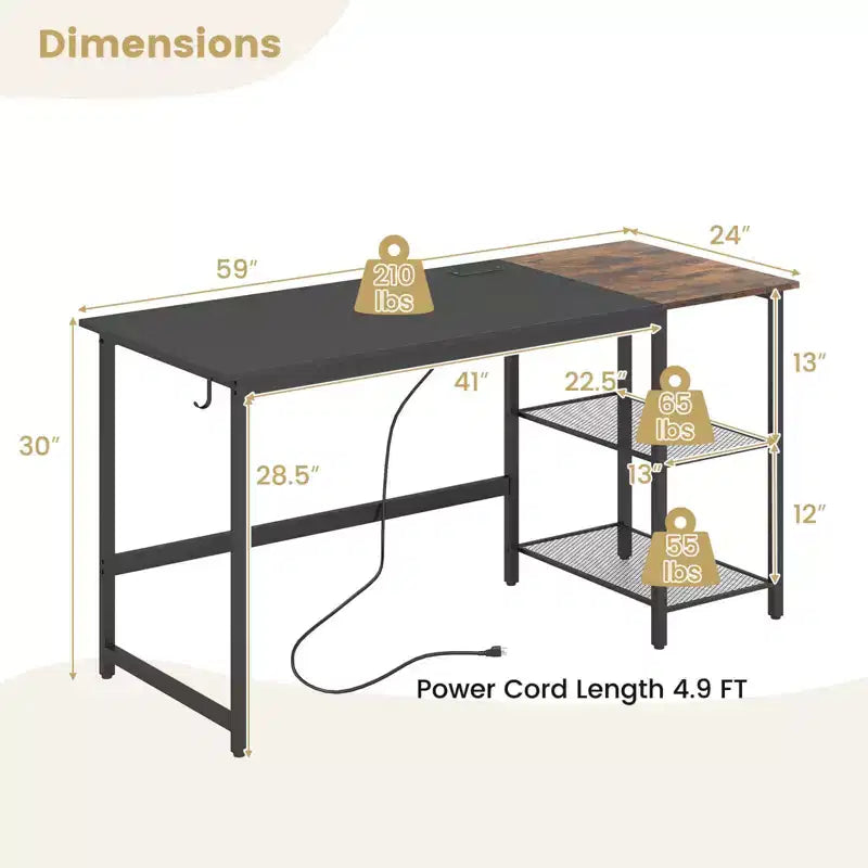Bureau informatique de 150 cm noir/rustique avec étagère détachable pour 1 personne