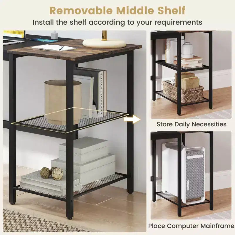 Bureau informatique de 150 cm noir/rustique avec étagère détachable pour 1 personne