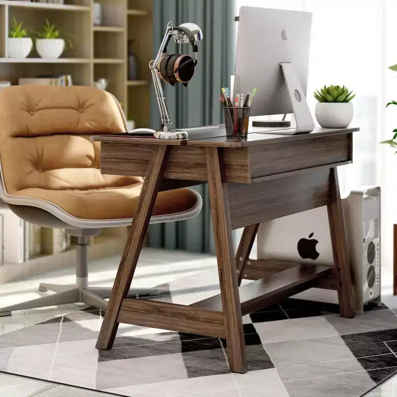 Bureau rustique marron à plateau relevable avec étagères de rangement, 1 personne