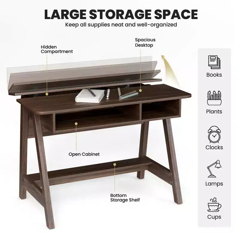 Bureau rustique marron à plateau relevable avec étagères de rangement, 1 personne