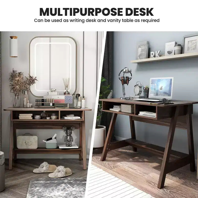Bureau rustique marron à plateau relevable avec étagères de rangement, 1 personne