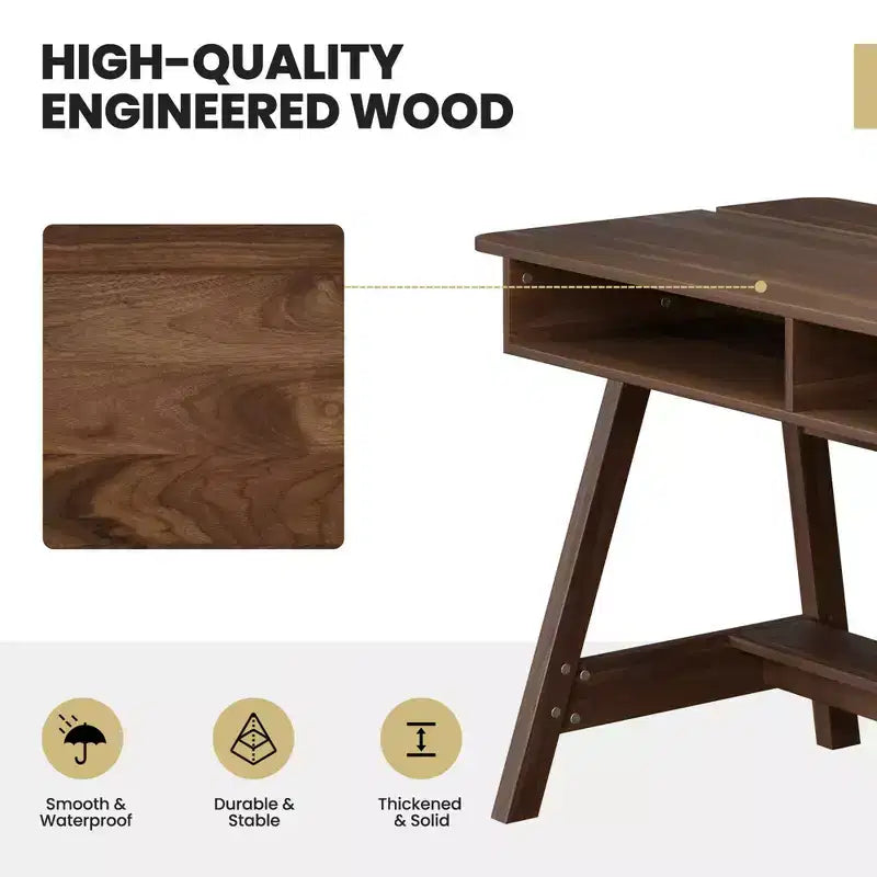 Bureau rustique marron à plateau relevable avec étagères de rangement, 1 personne