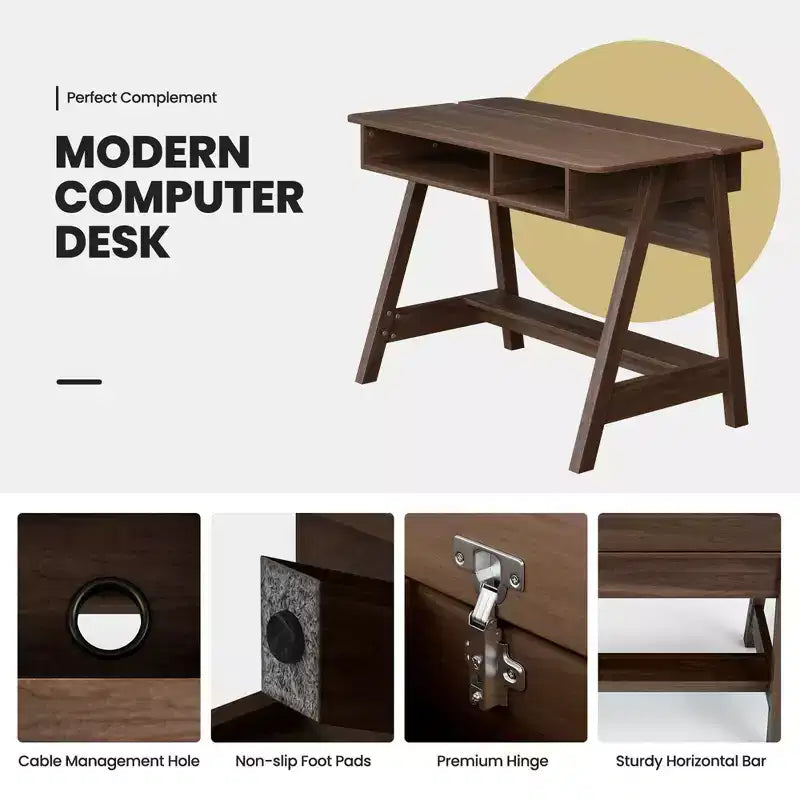 Bureau rustique marron à plateau relevable avec étagères de rangement, 1 personne
