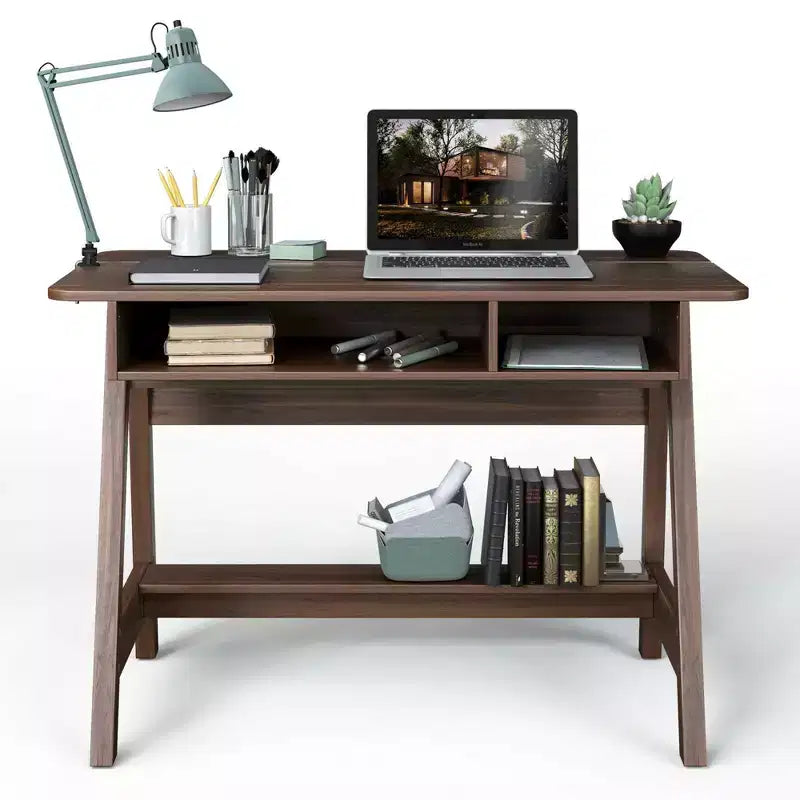 Bureau rustique marron à plateau relevable avec étagères de rangement, 1 personne