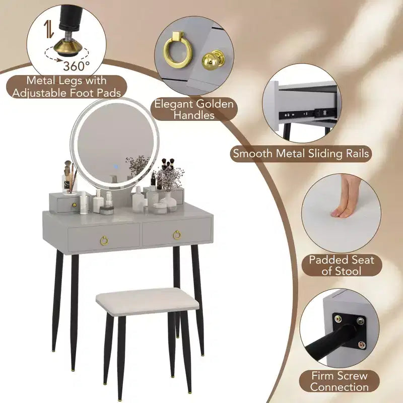 Table et tabouret de maquillage lumineux gris/blanc avec tiroirs – 1 personne