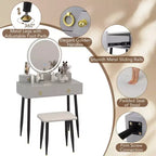 Table et tabouret de maquillage lumineux gris/blanc avec tiroirs – 1 personne