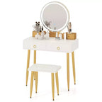 Table et tabouret de maquillage lumineux gris/blanc avec tiroirs – 1 personne