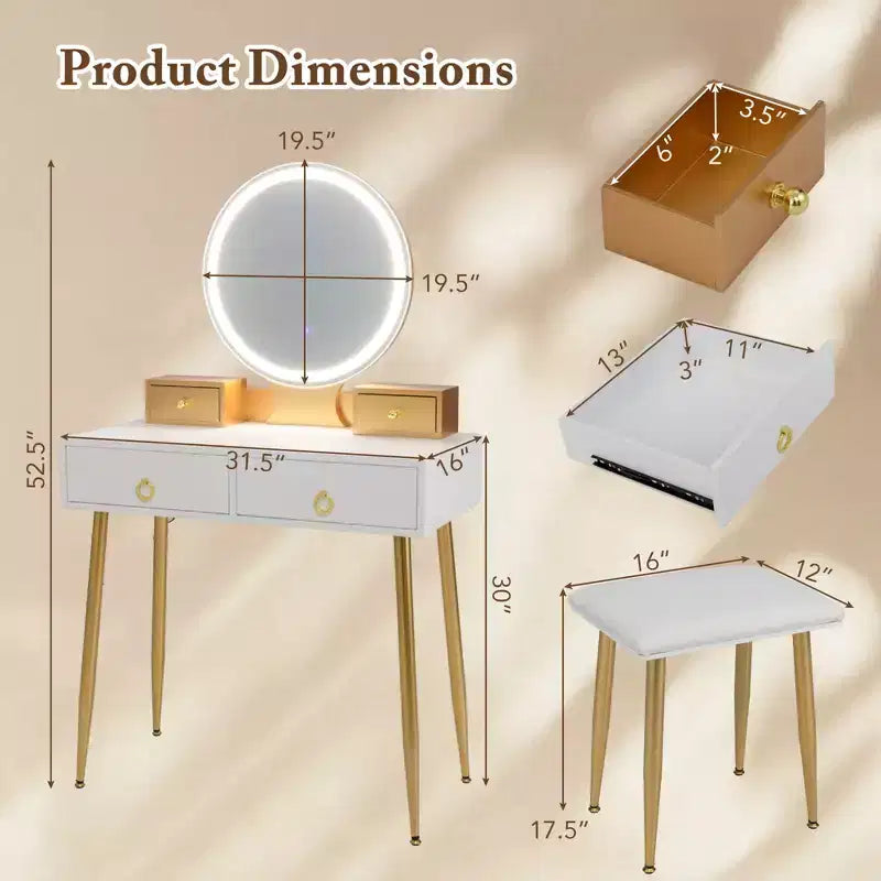 Table et tabouret de maquillage lumineux gris/blanc avec tiroirs – 1 personne