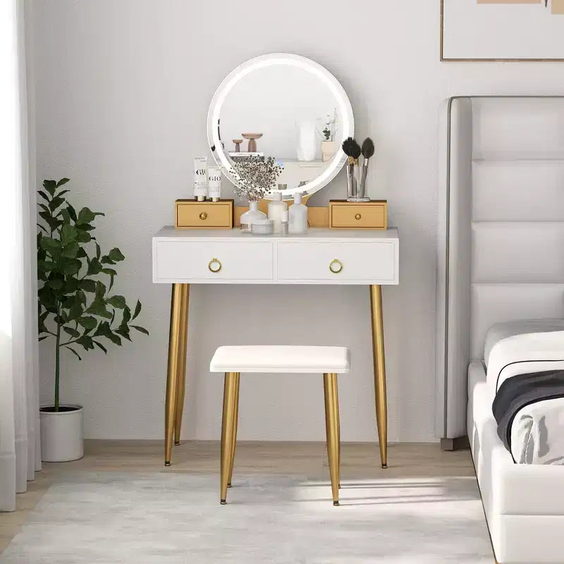 Table et tabouret de maquillage lumineux gris/blanc avec tiroirs – 1 personne