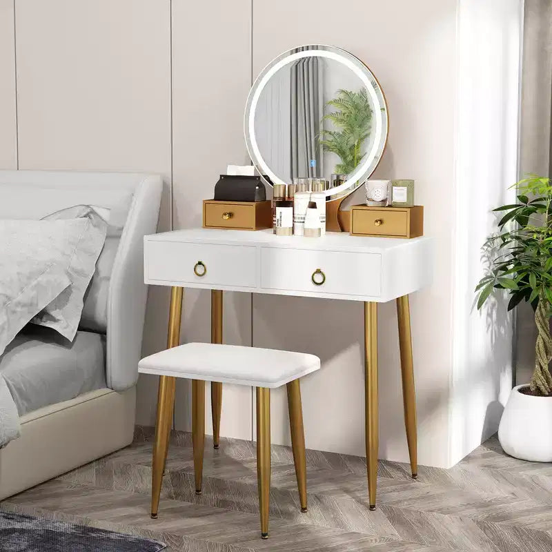 Table et tabouret de maquillage lumineux gris/blanc avec tiroirs – 1 personne