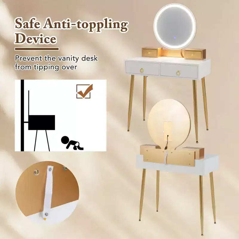 Table et tabouret de maquillage lumineux gris/blanc avec tiroirs – 1 personne