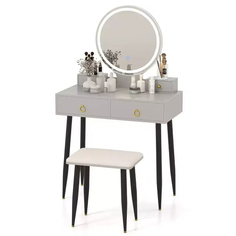 Table et tabouret de maquillage lumineux gris/blanc avec tiroirs – 1 personne