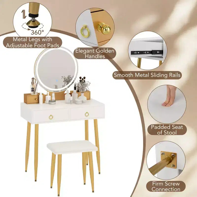 Table et tabouret de maquillage lumineux gris/blanc avec tiroirs – 1 personne