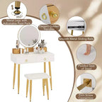 Table et tabouret de maquillage lumineux gris/blanc avec tiroirs – 1 personne