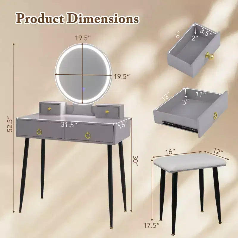 Table et tabouret de maquillage lumineux gris/blanc avec tiroirs – 1 personne