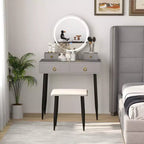Table et tabouret de maquillage lumineux gris/blanc avec tiroirs – 1 personne