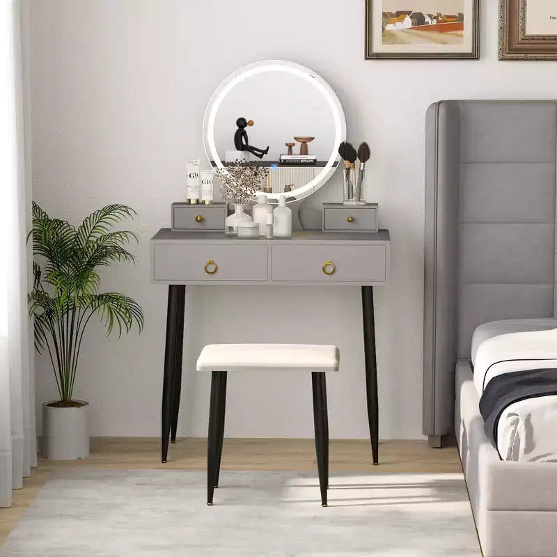 Table et tabouret de maquillage lumineux gris/blanc avec tiroirs – 1 personne