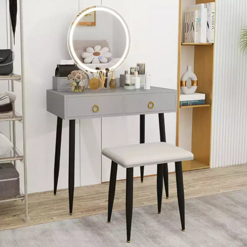 Table et tabouret de maquillage lumineux gris/blanc avec tiroirs – 1 personne