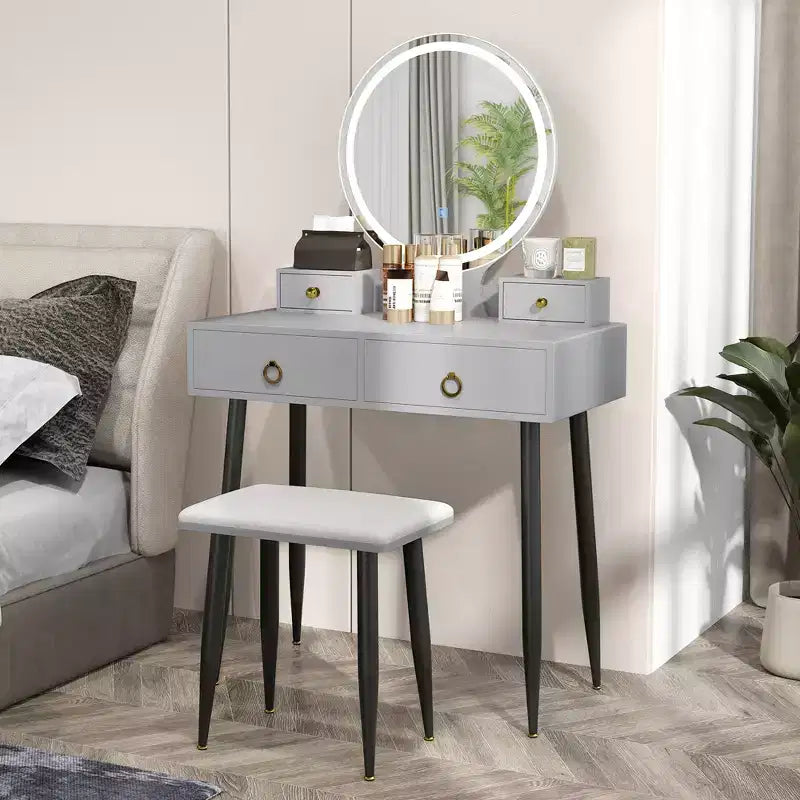 Table et tabouret de maquillage lumineux gris/blanc avec tiroirs – 1 personne
