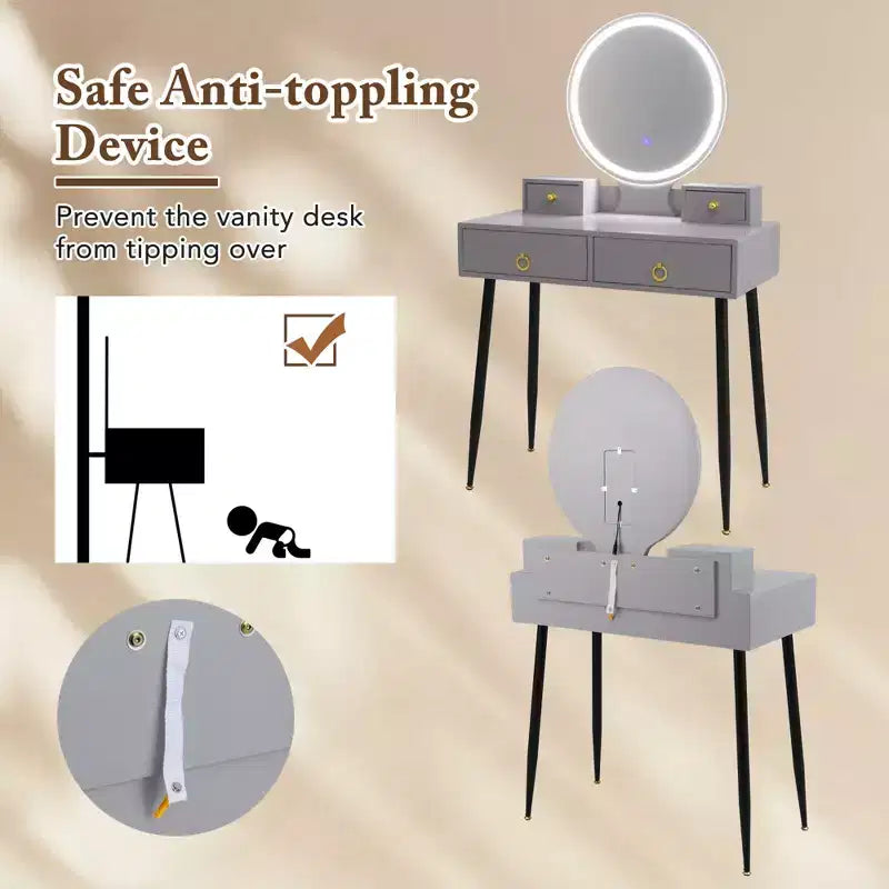 Table et tabouret de maquillage lumineux gris/blanc avec tiroirs – 1 personne