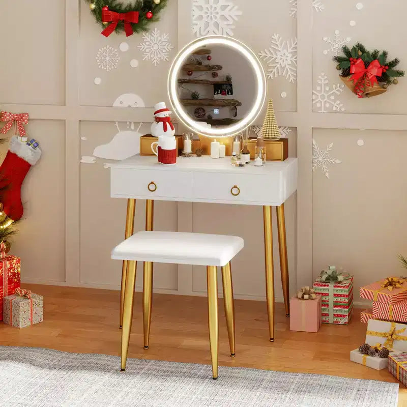 Table et tabouret de maquillage lumineux gris/blanc avec tiroirs – 1 personne