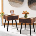 Table de chevet brune de style milieu de siècle avec tiroir en tissu, lot de 2