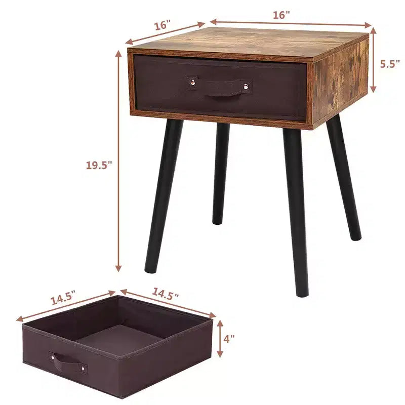 Table de chevet brune de style milieu de siècle avec tiroir en tissu, lot de 2