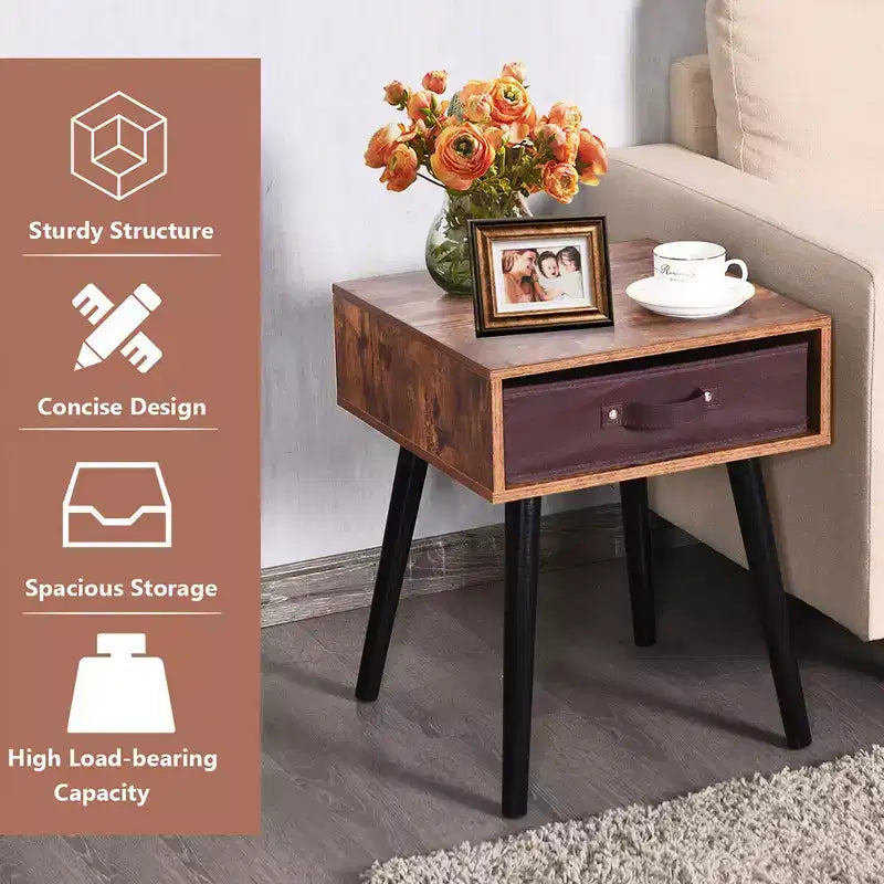 Table de chevet brune de style milieu de siècle avec tiroir en tissu, lot de 2