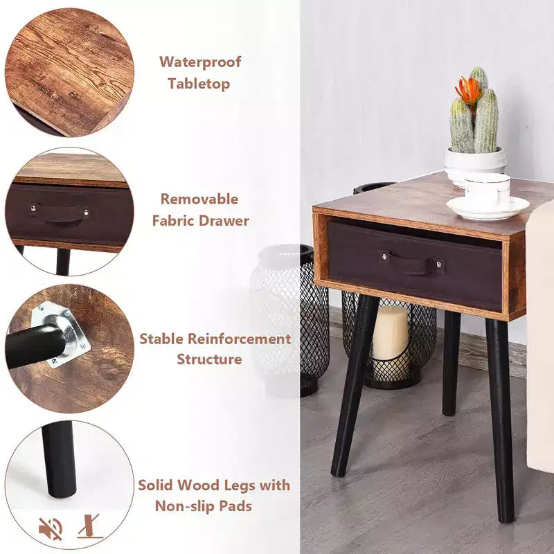 Table de chevet brune de style milieu de siècle avec tiroir en tissu, lot de 2