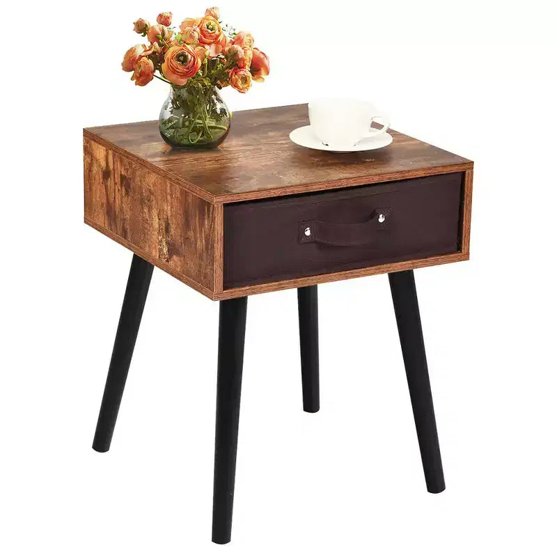 Table de chevet brune de style milieu de siècle avec tiroir en tissu, lot de 2