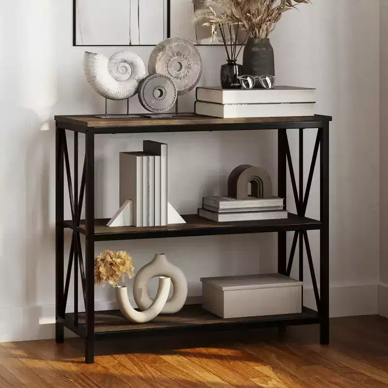 Lavish Home Freestanding 3-Tier Bookshelf  Industrial Wood and Metal Shelving, Brown Woodgrain